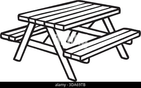 Classic wooden picnic table with attached bench seats and slatted surfaces, drawn in bold black-and-white outline style. Stock Vector