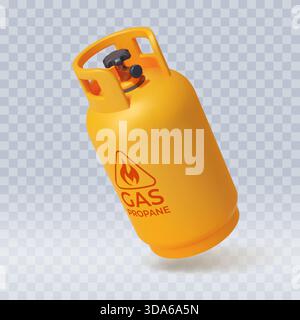 3d gas cylinder for kitchen cooking and heating. Vector yellow LPG container for compressed fuel storage. Metal tank with valve for household or manufacturing use Stock Vector