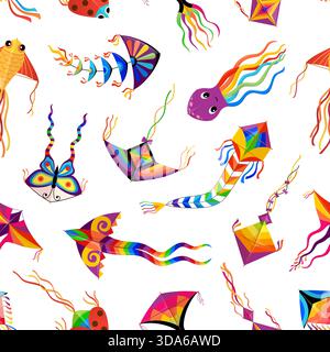 Cartoon paper kites seamless pattern featuring colorful flying toys with wind tails. Cute vector traditional butterfly, fish, octopus, diamond, triangle shaped kites for children entertainment Stock Vector