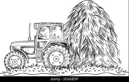 A haystack and a tractor. A hand-drawn black and white vector illustration. Preparing hay for animals. For the design of farm projects, as well as Stock Vector