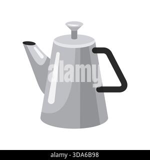 Metal Coffee pot with black plastic handle for making coffee. Cartoon style, flat design. Vector illustration. Stock Vector