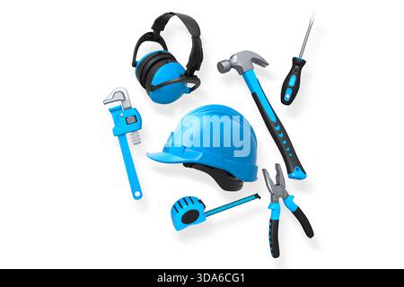 Various construction tools including wrench, hammer, pliers, and helmet isolated on white background with clipping path, concept of building work Stock Photo