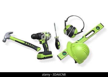 Various construction tools including wrench, hammer, pliers, and helmet isolated on white background with clipping path, concept of building work Stock Photo