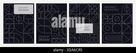 Modern abstract geometric vector posters with line patterns. Minimalist posters with linear outlines of circle, arc, rectangle, square, diamond, and intersecting lines on black vertical backgrounds Stock Vector