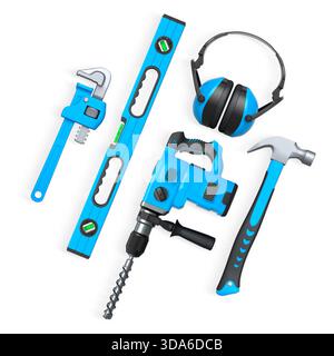 Assorted construction tools including drill, hammer, tape, wrench, and earmuffs isolated on white background with clipping path, concept of DIY Stock Photo