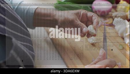 Peeling senior Indian's hands preparing radish on wooden cutting board, peeler and code overlay Stock Photo