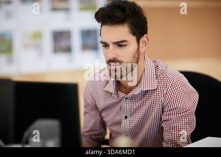 Businessman, computer and travel agent with backlog for schedule trip or online booking in office. Man, employee or advisor checking with technology Stock Photo