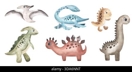 Dinosaurs watercolor illustration set of colorful animals isolated on ...