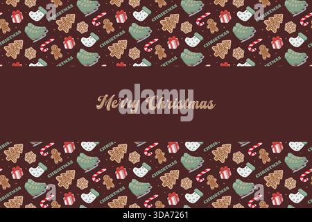 Christmas pattern with gingerbread cookies, candy canes, stockings, skates, gifts, and snowflakes on maroon background. Includes Merry Christmas text Stock Vector