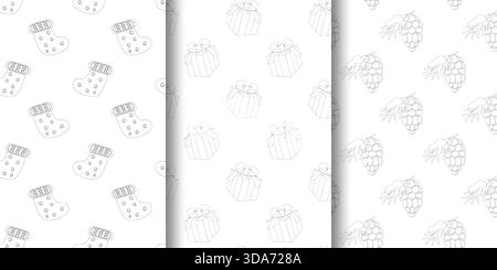 Three seamless patterns Christmas stockings with floral details, gift boxes with bows, and grape clusters in line art. Vertical layout for wrapping Stock Vector