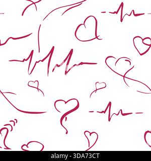 Doodle freehand hearts and ECG cardiogram heartbeat pulse traces forming romantic continuous repeat. Isolated vector seamless pattern. Wedding Stock Vector