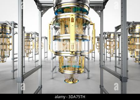 3d rendering group of golden quantum computer machine with case Stock Photo