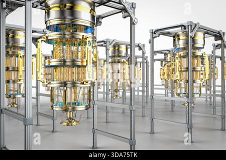 3d rendering group of golden quantum computer machine with case Stock Photo