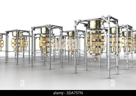 3d rendering group of golden quantum computer machine with case Stock Photo