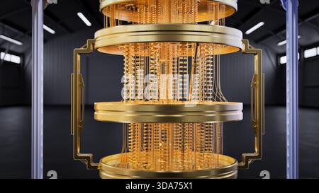 3d rendering golden quantum computer machine close up Stock Photo
