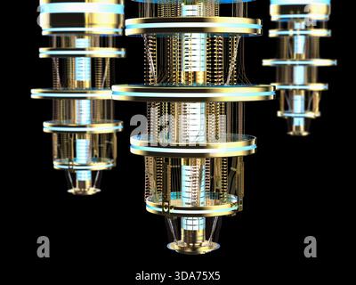 3d rendering group of golden quantum computer machine close up Stock Photo
