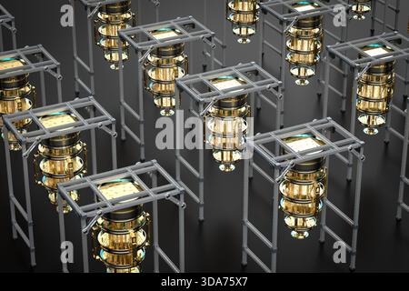 3d rendering group of golden quantum computer machine isometric Stock Photo