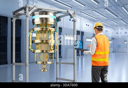 Quantum engineering technology with engineer develop quantum computer machine in server room Stock Photo