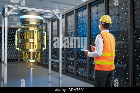 Quantum engineering technology with engineer develop quantum computer machine in server room Stock Photo
