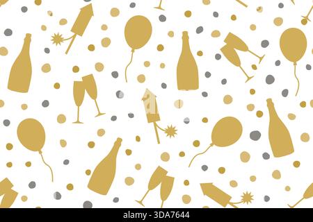 seamless New Year's Eve golden pattern with fireworks, champagne bottles and glasses, balloons and confetti- vector illustration Stock Vector
