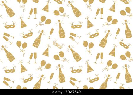 seamless New Year's Eve golden pattern with champagne bottle and glasses,  party hat and mask, balloons- vector illustration Stock Vector