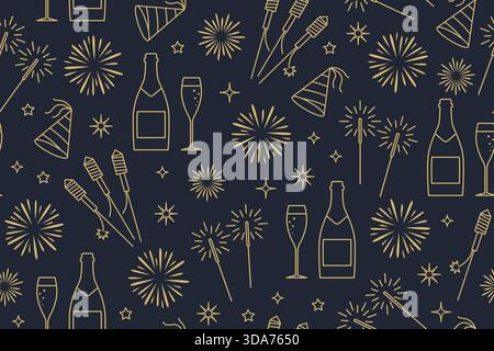 seamless New Year Eve golden pattern with champagne bottle, glasses, fireworks, sparklers, party hat and stars- vector illustration Stock Vector
