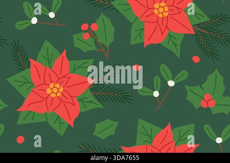 Christmas seamless pattern with Poinsettia flowers, fir twigs, holly and mistletoe- vector illustration Stock Vector