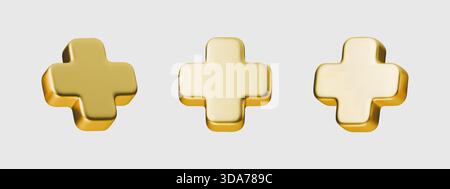 Metallic 3D plus sign gold vector geometric shape element. Metallic 3D plus sign gold geometric shape isolated background. Shape element graphic Stock Vector