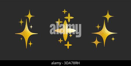 Set gold sparkle stars vector graphic design element luxury style. Abstract gold stars sparkles texture shine effect isolated background. Perfect Stock Vector