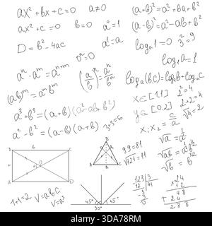 School math formulas, black and white sketch. Vector illustration. Trigonometric and algebraic equations, logarithmic equations, isolated on a white b Stock Vector