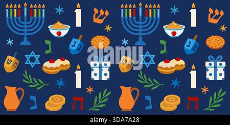 Happy Hanukkah Jewish holiday party seamless pattern decoration. Hanukkah Sameach banner vector design with traditional symbols - menorah, dreidel Stock Vector