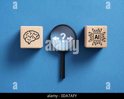 Analyzing the choice between human intelligence and AI with a magnifying glass, showing a challenging decision Stock Photo