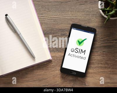 Smartphone screen showing eSIM activated with a checkmark, resting on a wooden office desk. Esim technology concept. Stock Photo