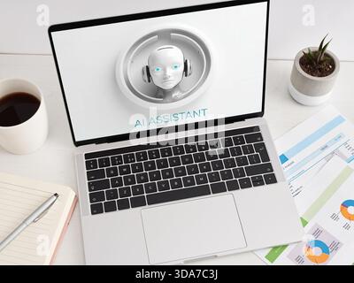 Laptop screen showing AI assistant and chatbot technology, representing automation, virtual help, and future work concepts on a desk Stock Photo