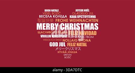 merry christmas greetings with heart text in different languages vector illustration Stock Vector