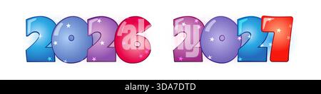 Set of 2026 and 2027 creative colorful icons in a cartoon style with a blurred background. Stock Vector