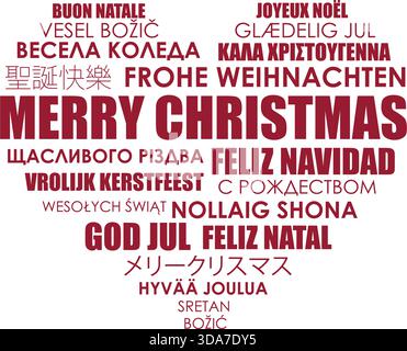 merry christmas greetings with heart text in different languages vector illustration Stock Vector