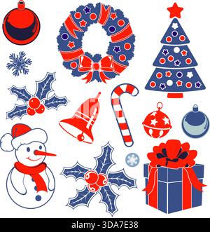Set Christmas Icons in flat style and vintage colors with Tree, Snowman, Candy, Snowflake, vector Stock Vector