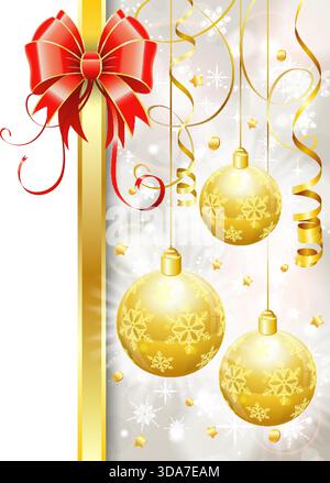 Christmas border with baubles, bow, falling gold curly streamer. Christmas frame with transparent background. isolated vector illustration Stock Vector