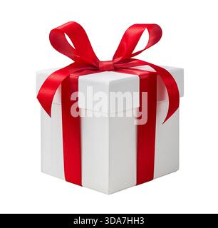 White Present box with red ribbon bow isolated on white background. Stock Photo