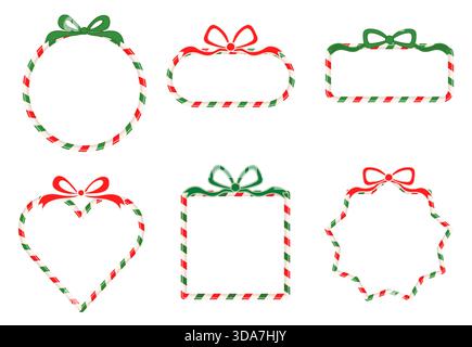 Red and green candy cane vector frames with bows, square, circle, heart and star shapes for holiday designs Stock Vector