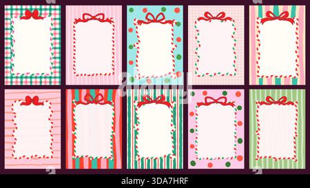 Cute Red and Green Candy Cane Frames with Bows, Christmas, Birthday or Valentine's Day Borders with Patterns with Dots, Stripes and Checks Stock Vector