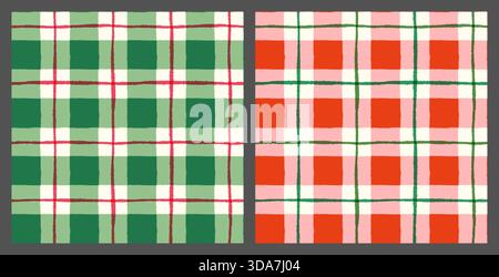 Red and green Christmas plaid vector seamless pattern set, Cute gingham backgrounds for holiday textiles and package design Stock Vector