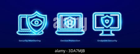 Blue Digital Neon Line Icon Logo Set of Cyber Security. Secure Shield, Trusted Guarantee Protection, Computer Verified Security, Digital Secure System Stock Vector