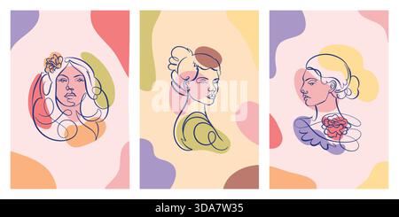 Set of three card designs with women faces made with one calligraphic line with contrast colour shapes in modern style. Made for cosmetics, facial Stock Vector