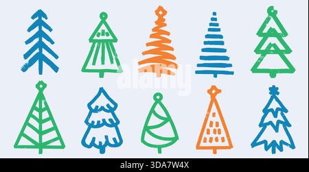Set of Christmas tree icons in grunge style. Bald hand brushed lines for emblems or Christmas patterns. Stock Vector