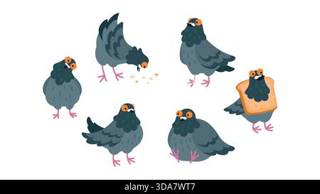 Set of cute silly pigeon with different emotions and action illustrations isolated on white. Comic rock dove characters in different poses. Urban stre Stock Vector