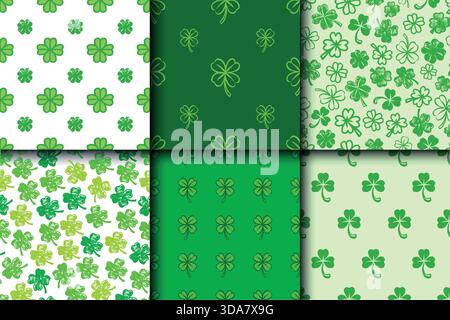 Green tree and four leaf clover seamless pattern for day of St. Patricks. National Irish holiday hand drawn grungy elements for textile, packaging and Stock Vector
