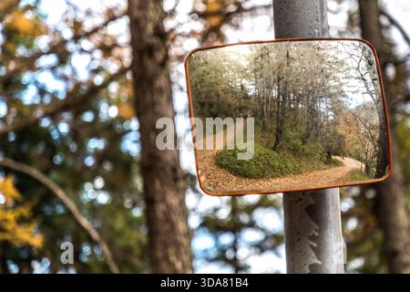 A convex traffic mirror on a footpath reflects the autumnal forest track with two walkers in the distance. In Japan, mirrors like this are also found on walking trails to allow people to pass each other on tight bends. Shiojiri, Nagano Prefecture, Japan Stock Photo