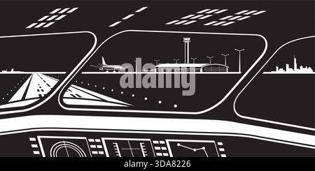 View to airport from the cockpit of the landing plane by night  – vector illustration Stock Vector